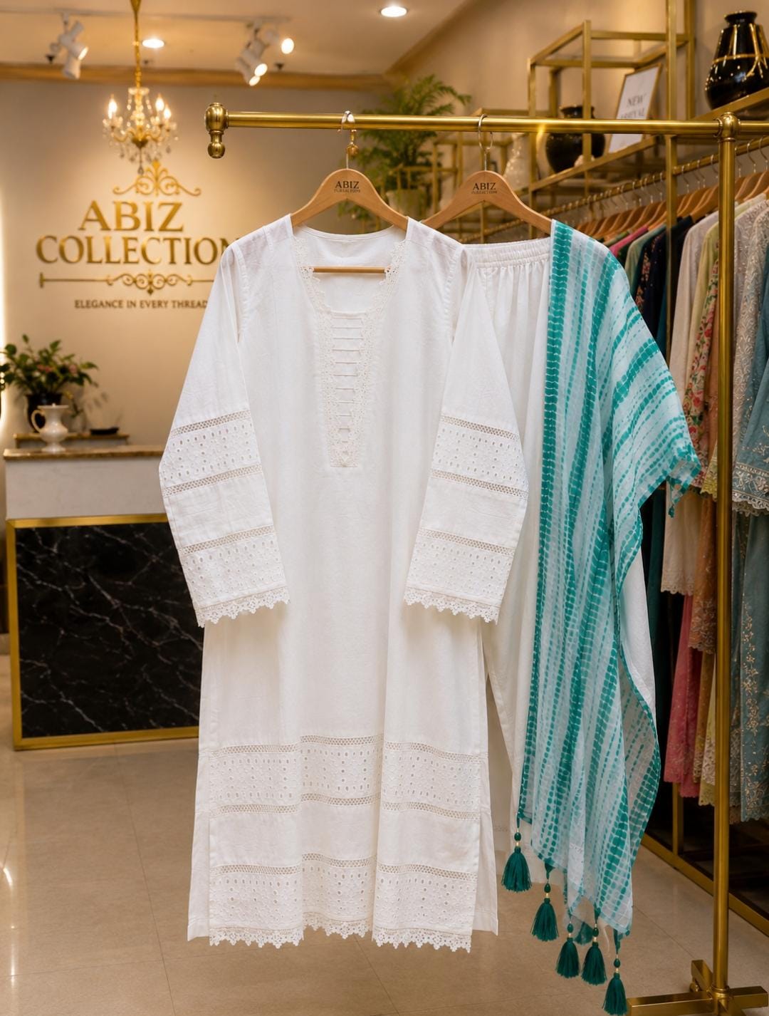 White Embroidered 3 Piece Suit with Green Tie-Dye Dupatta | Abiz Collection