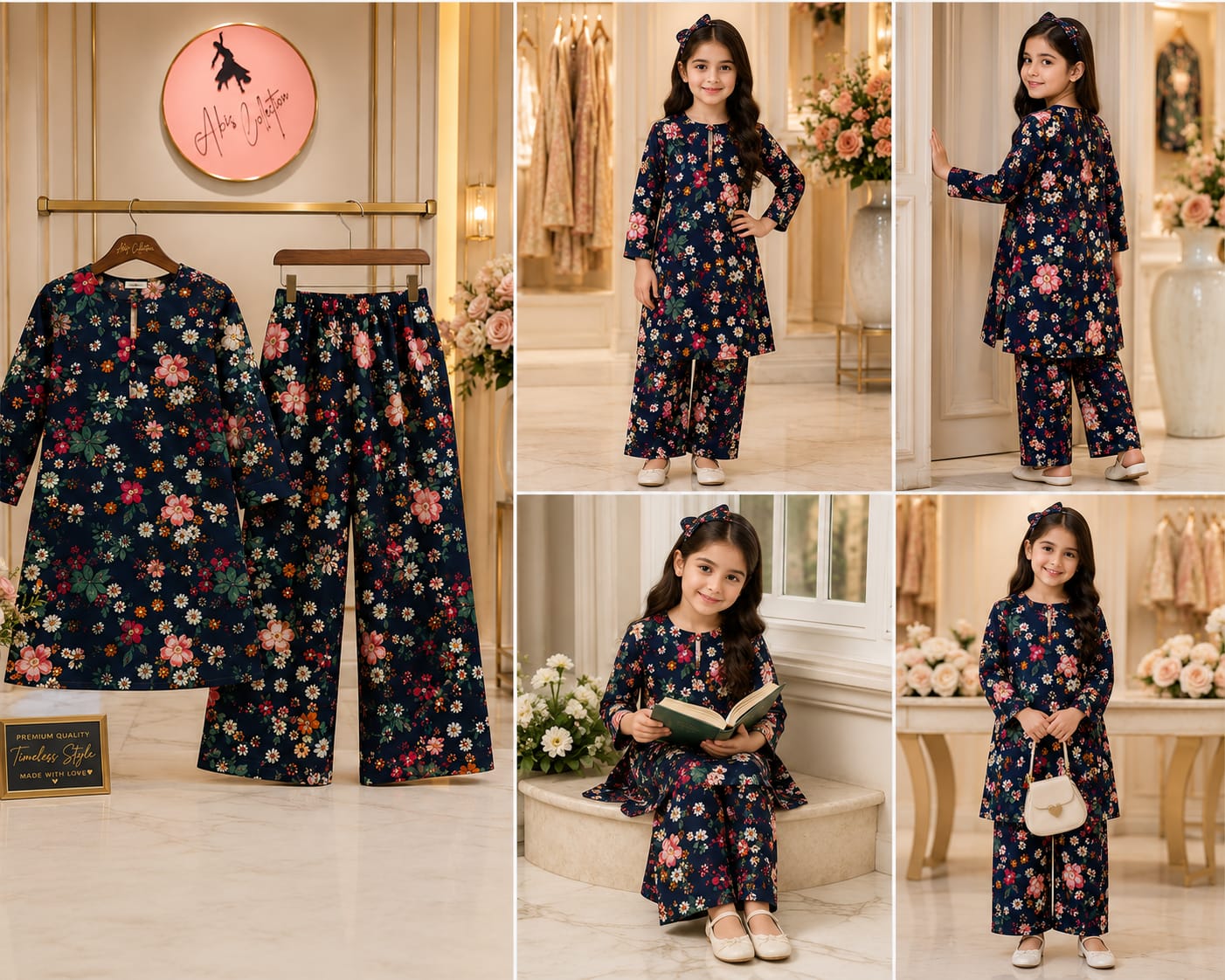 Navy Blue Floral Girls 2 Piece Suit | Kids Printed Kurti & Trouser Set | Abiz Collection
