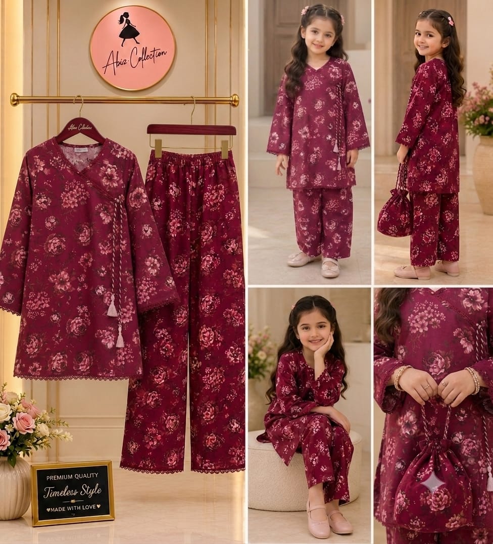 Maroon Floral Printed Girls 2 Piece Suit | Kids Casual Kurti & Trouser Set | Abiz Collection
