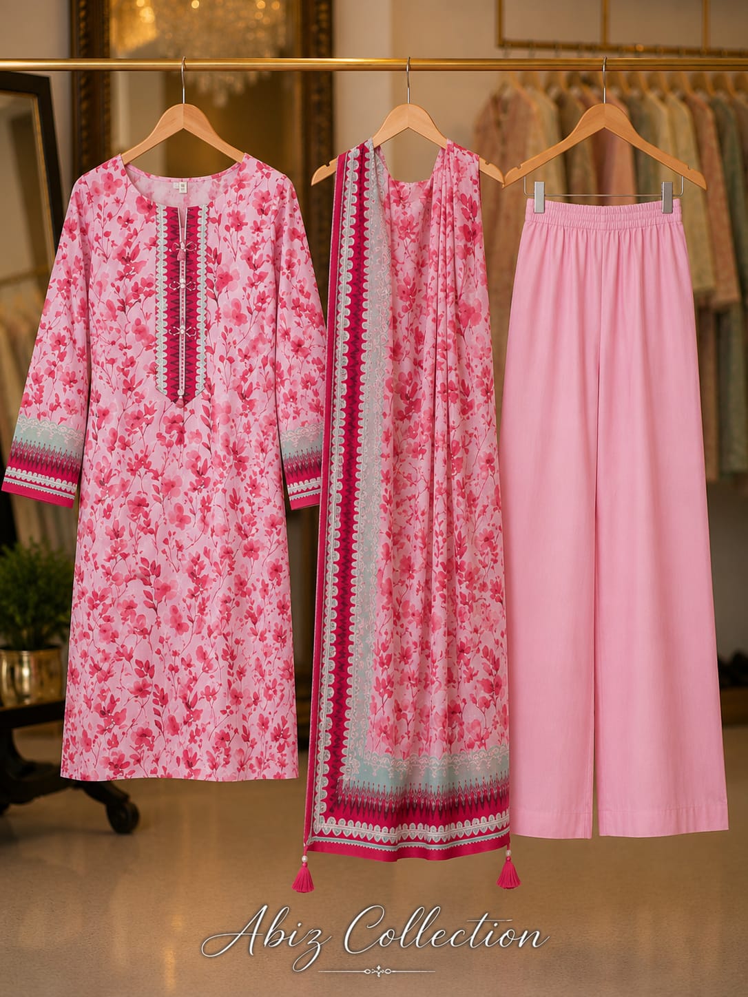 Pink Floral Printed 3 Piece Lawn Suit with Dupatta | Abiz Collection