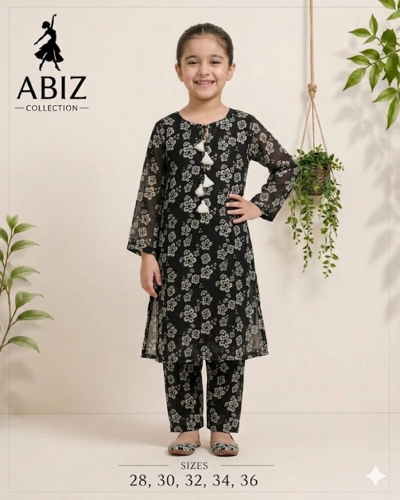 Girls Black Floral Printed 2 Piece Kurti & Trouser Set | Kids Ethnic Wear by Abiz Collection