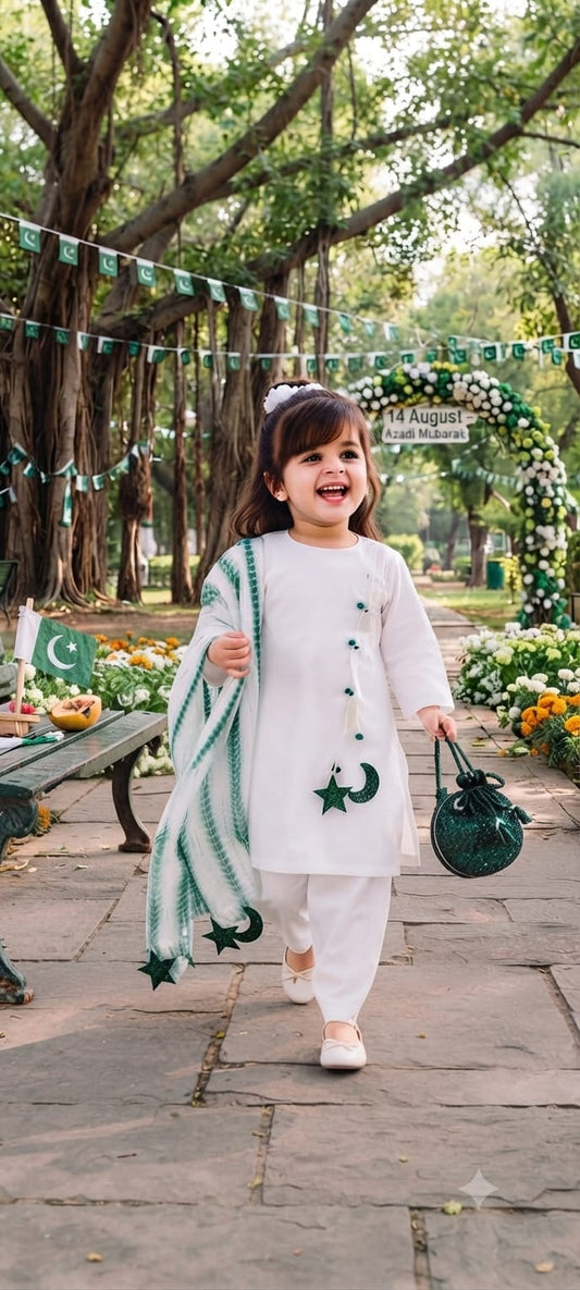 KIDS White Angrakha Kurta Set with Green Star & Crescent Dupatta \\ KIDS COLLECTION \\ABIZ COLLECTION