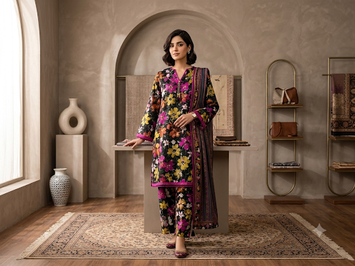 Vibrant Black Floral Printed Suit with Matching Dupatta-ABIZ COLLECTION