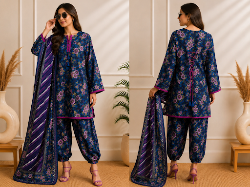 Elegant Blue Floral Printed Suit | The Blossom Laced & Placket Design-ABIZ COLLECTION