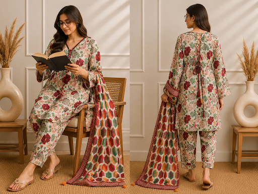 Cream Floral Printed Suit with Lace-Back Detail & Geometric Dupatta-ABIZ COLLECTION