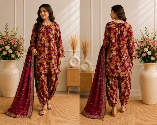 Maroon Floral Printed Suit with Lace-Back Detail & Dupatta-ABIZ COLLECTION