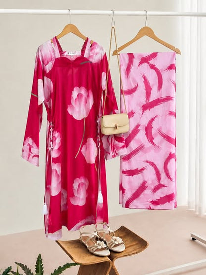 Hot Pink Floral Printed 2-Piece Suit | Kurta & Trouser Set for Women-ABIZ COLLECTION