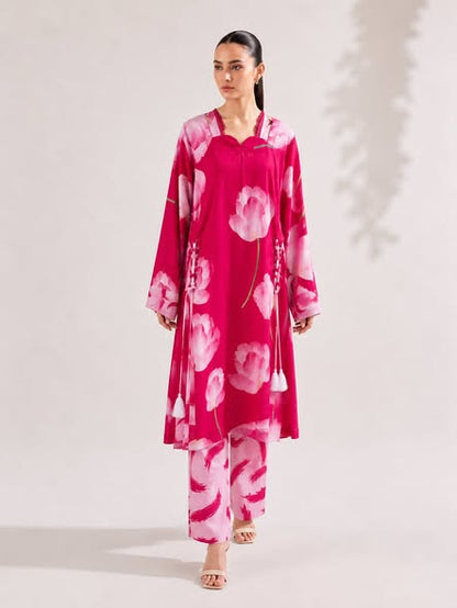Hot Pink Floral Printed 2-Piece Suit | Kurta & Trouser Set for Women-ABIZ COLLECTION