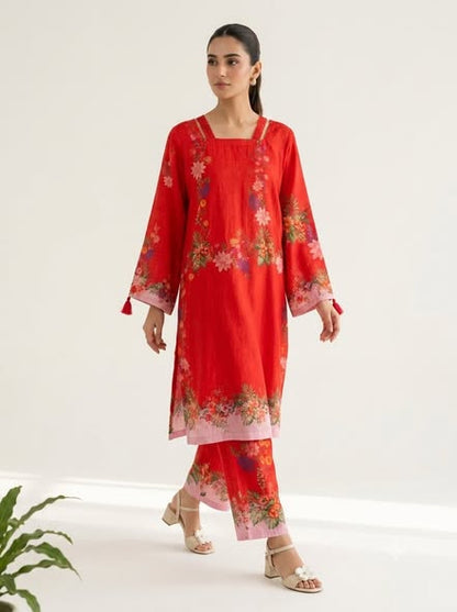 Deep Magenta Floral Print Kurta with Navy Blue Patterned Trousers - 2 Piece Set-ABIZ COLLECTION