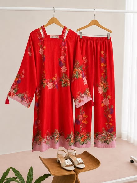 Deep Magenta Floral Print Kurta with Navy Blue Patterned Trousers - 2 Piece Set-ABIZ COLLECTION