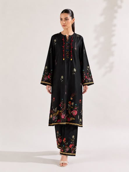 Black Floral Kurta Set with Yellow Zigzag Lace & Tassel Details-ABIZ COLLECTION