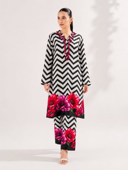 Black & White Chevron Co-ord Set with Floral Hem-ABIZ COLLECTION