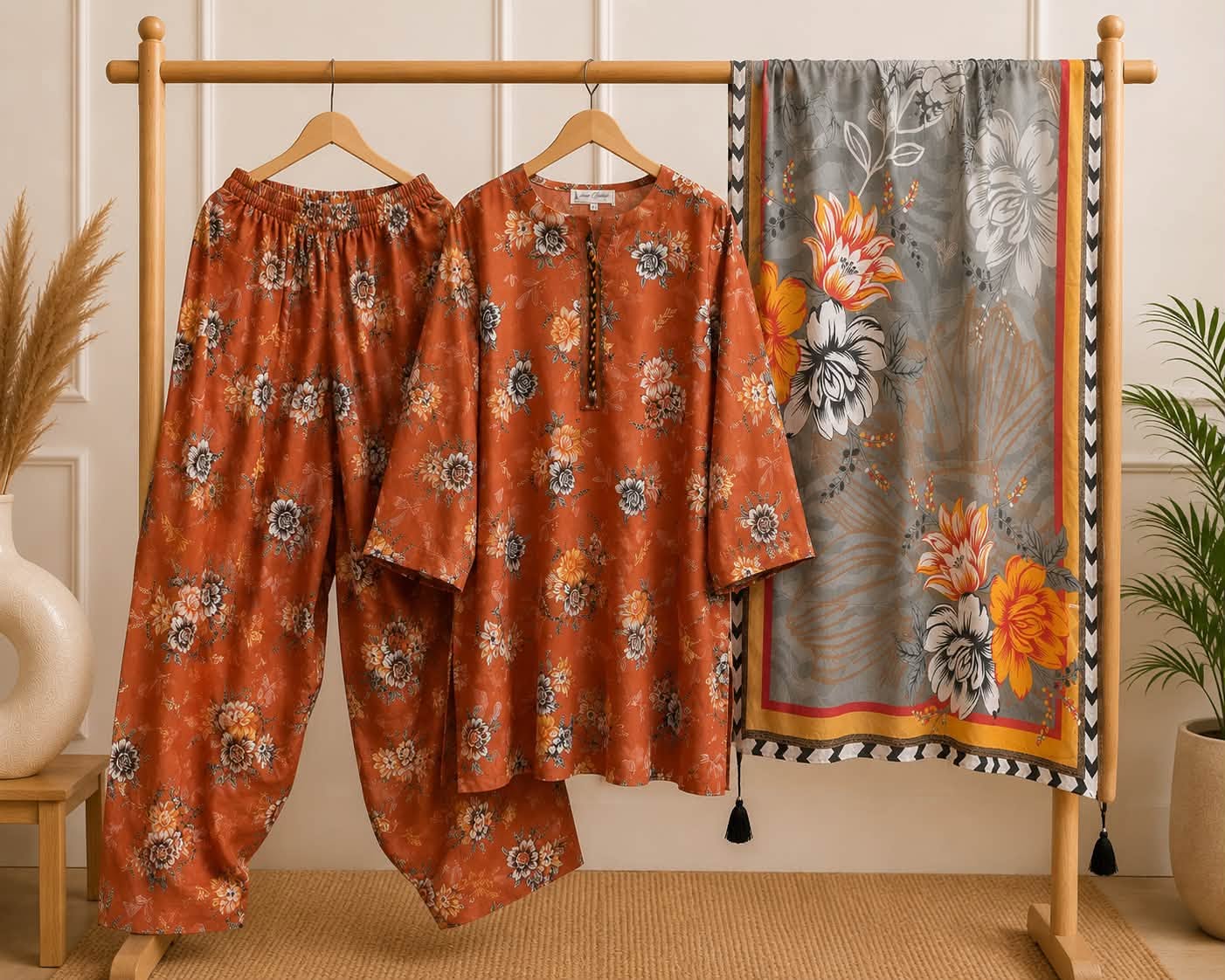 Maroon Floral Printed Suit with Lace-Back Detail & Dupatta-ABIZ COLLECTION
