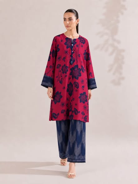 Deep Magenta Floral Print Kurta with Navy Blue Patterned Trousers - 2 Piece Set