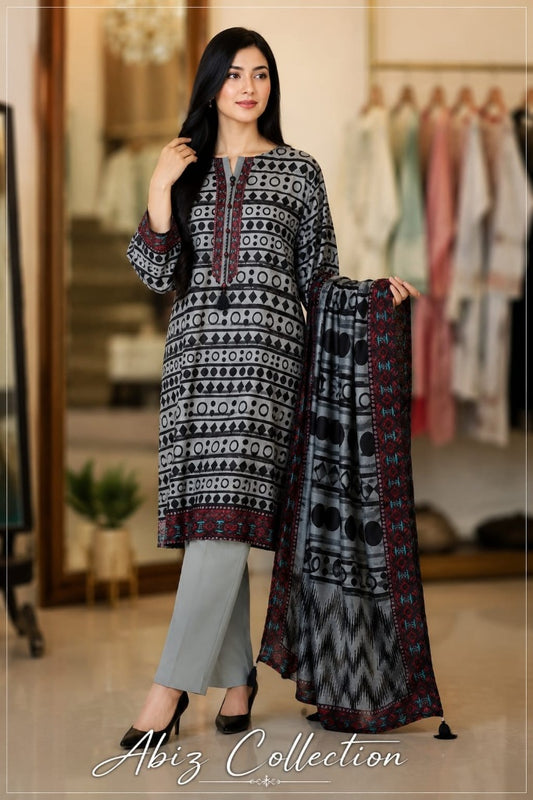 Grey Geometric Printed 3 Piece Lawn Suit with Dupatta | Abiz Collection