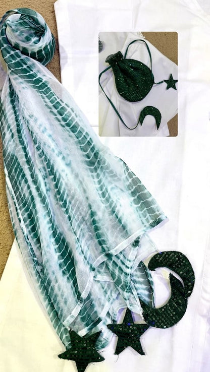 White Suit with Green Tie-Dye Dupatta & Sequin Potli Bag | 14 August Dress | ABIZ COLLECCTION