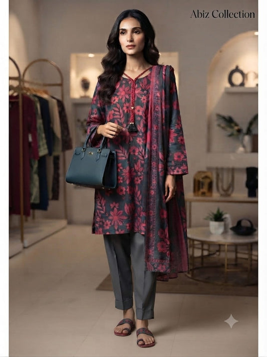 Dark Grey & Maroon Floral Printed 3 Piece Lawn Suit with Dupatta | Abiz Collection