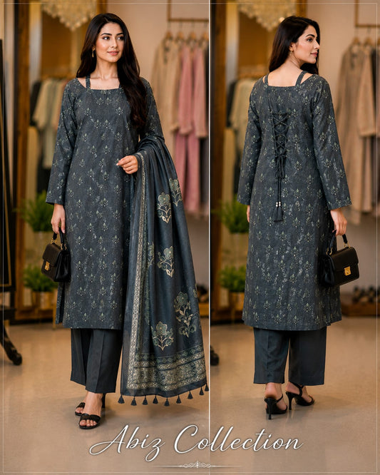 Charcoal Grey Printed 3 Piece Lawn Suit with Dupatta | Abiz Collection