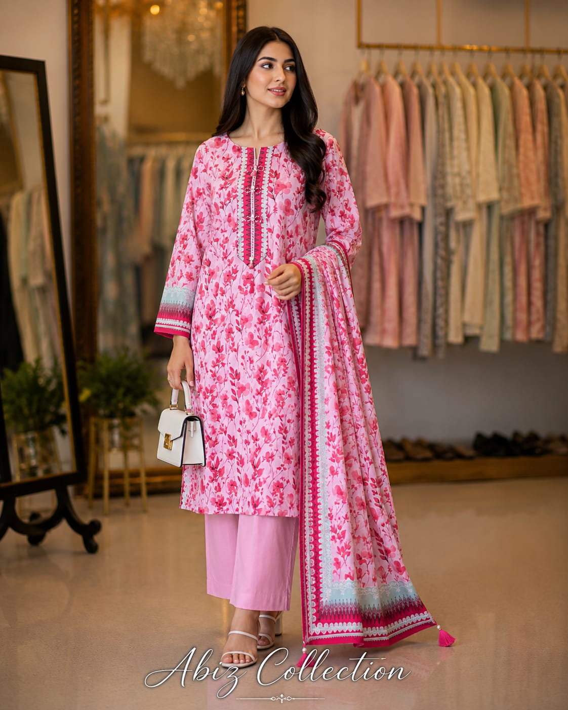 Pink Floral Printed 3 Piece Lawn Suit with Dupatta | Abiz Collection