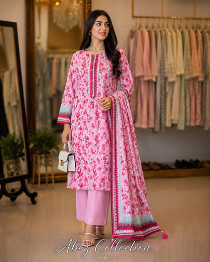 Pink Floral Printed 3 Piece Lawn Suit with Dupatta | Abiz Collection