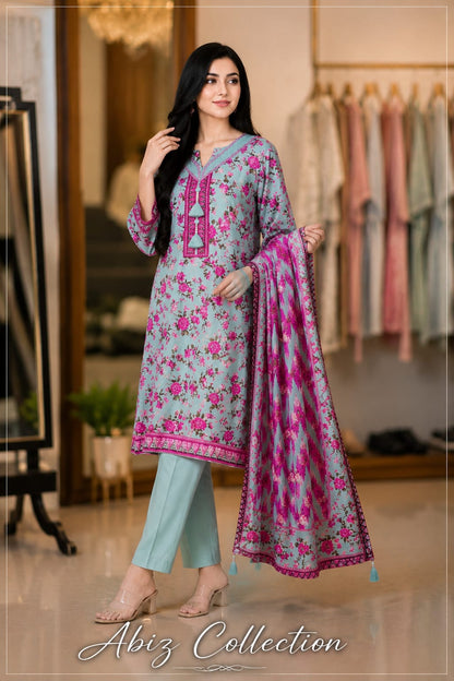 Mint Green & Magenta Floral Printed Suit with Tassel Dupatta | Abiz Collection