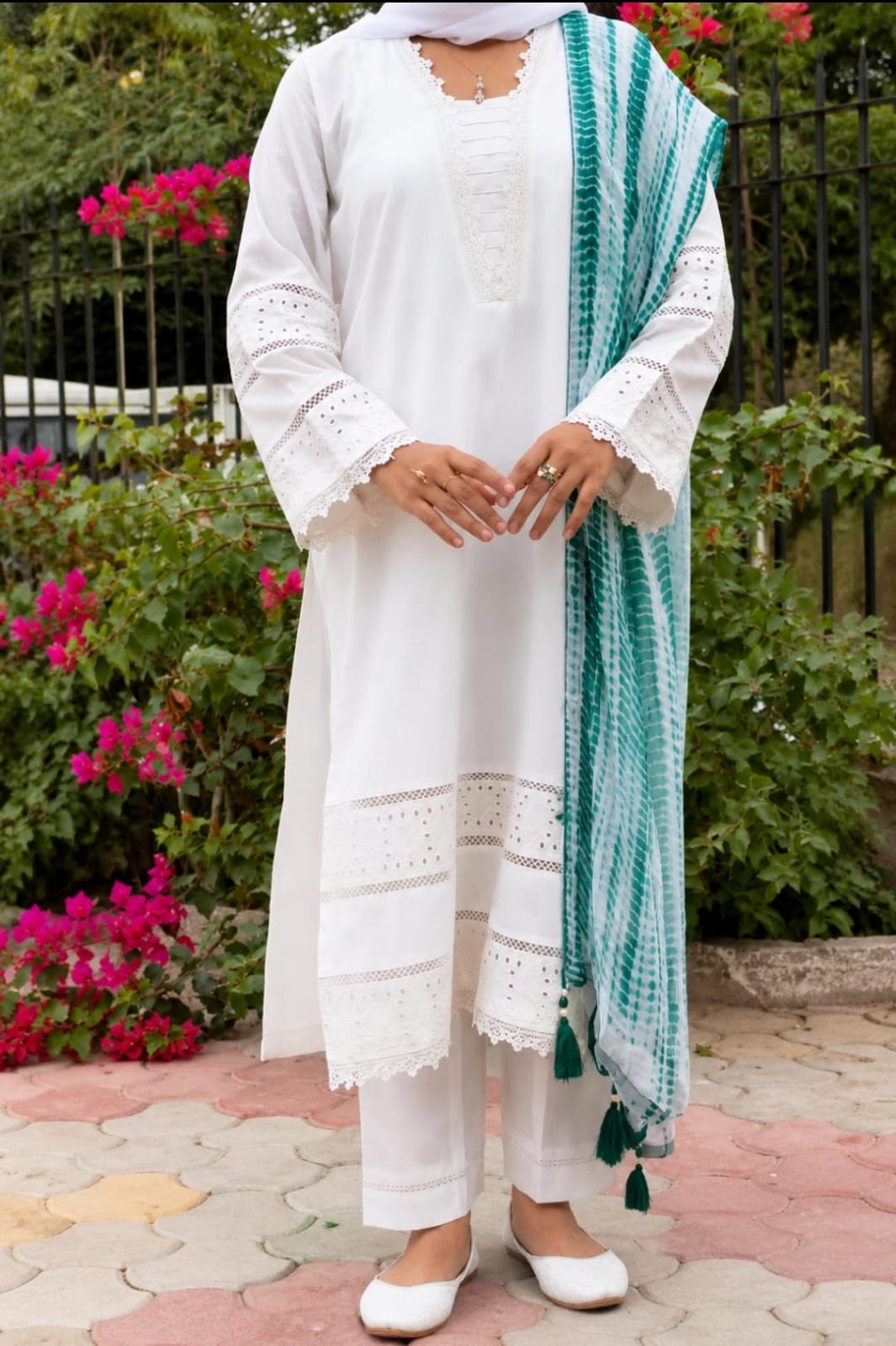 White Embroidered 3 Piece Suit with Green Tie-Dye Dupatta | Abiz Collection