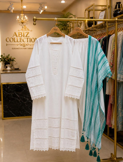 White Embroidered 3 Piece Suit with Green Tie-Dye Dupatta | Abiz Collection