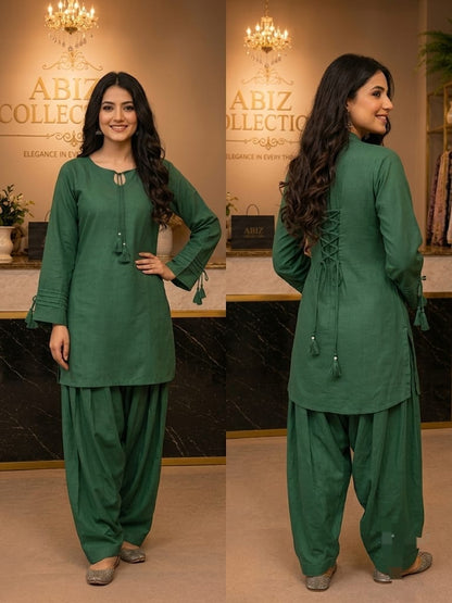 Bottle Green 2 Piece Shalwar Suit for Women | Premium Casual Kurti & Shalwar | Abiz Collection