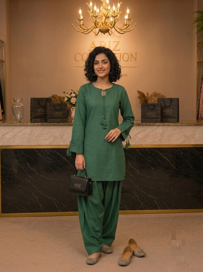 Bottle Green 2 Piece Shalwar Suit for Women | Premium Casual Kurti & Shalwar | Abiz Collection