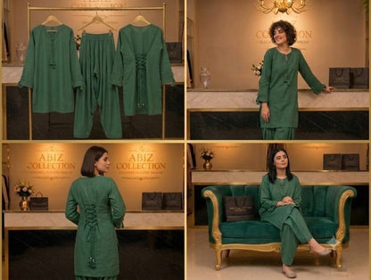 Bottle Green 2 Piece Shalwar Suit for Women | Premium Casual Kurti & Shalwar | Abiz Collection