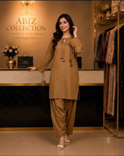 Brown 2 Piece Shalwar Suit for Women | Premium Casual Kurti &amp; Shalwar | Abiz Collection