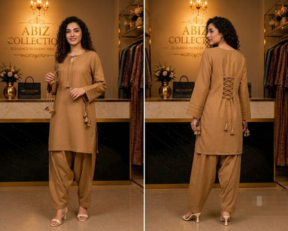 Brown 2 Piece Shalwar Suit for Women | Premium Casual Kurti &amp; Shalwar | Abiz Collection