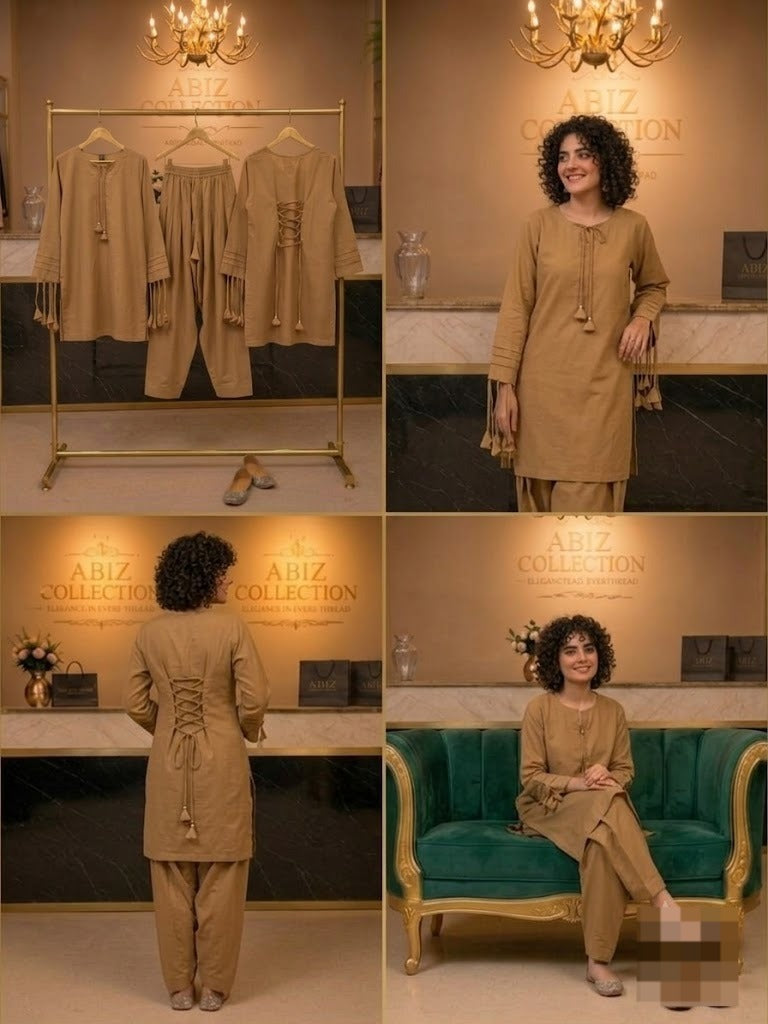 Brown 2 Piece Shalwar Suit for Women | Premium Casual Kurti &amp; Shalwar | Abiz Collection