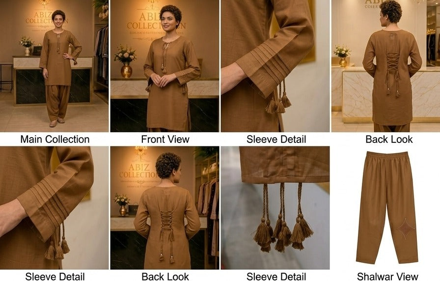 Brown 2 Piece Shalwar Suit for Women | Premium Casual Kurti &amp; Shalwar | Abiz Collection