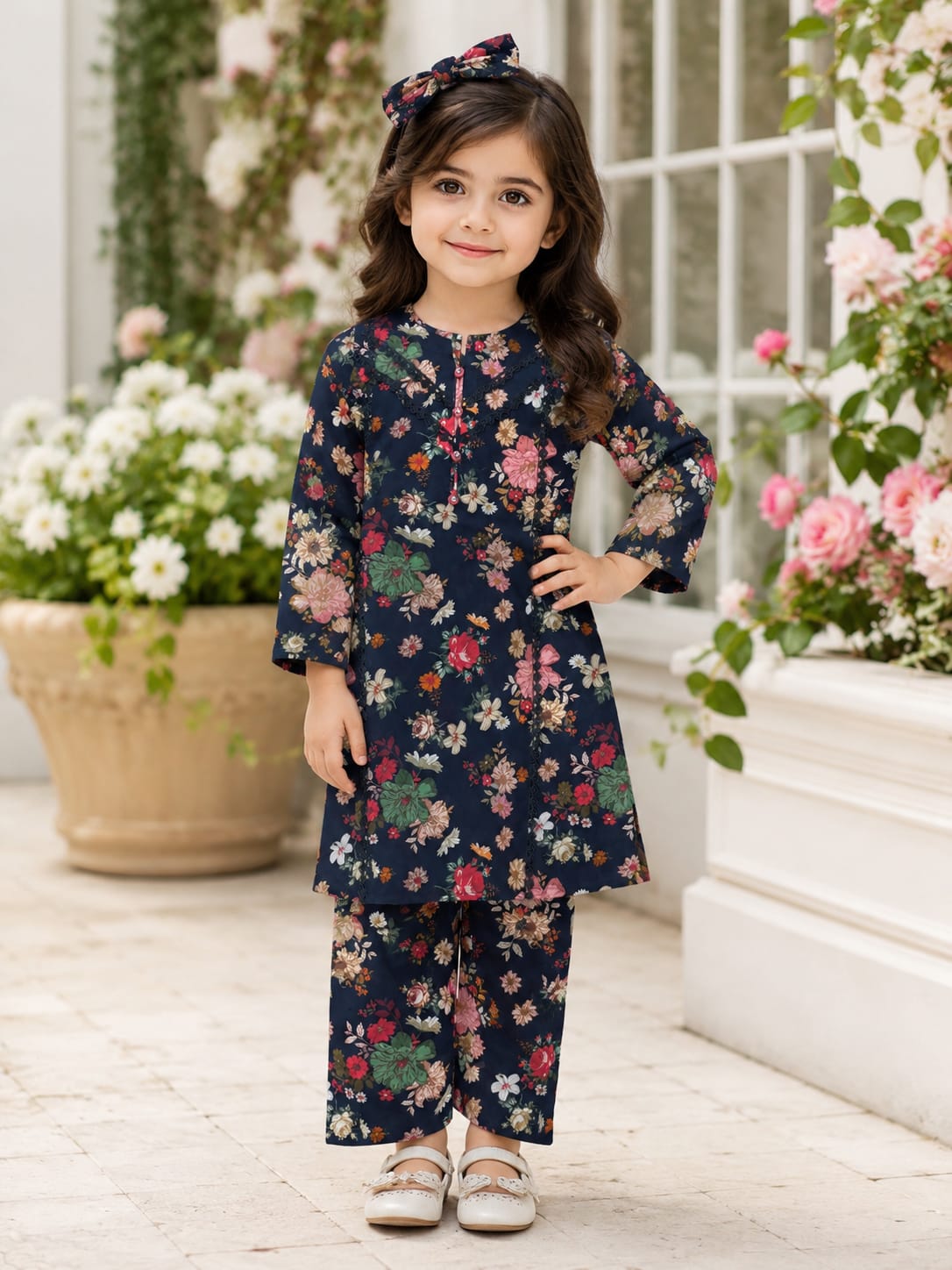 Navy Blue Floral Girls 2 Piece Suit | Kids Printed Kurti & Trouser Set | Abiz Collection