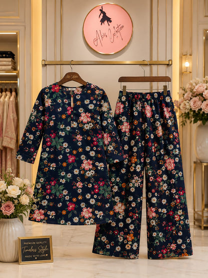 Navy Blue Floral Girls 2 Piece Suit | Kids Printed Kurti & Trouser Set | Abiz Collection