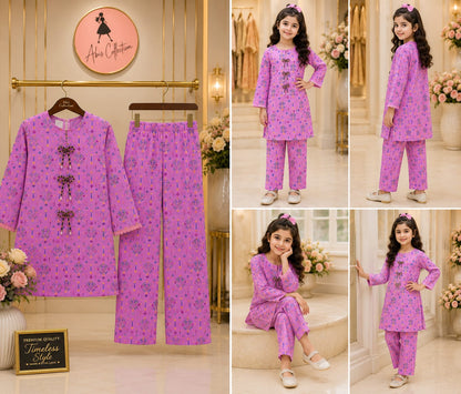 Pink Printed Girls 2 Piece Suit | Kids Casual Kurti & Trouser Set | Abiz Collection