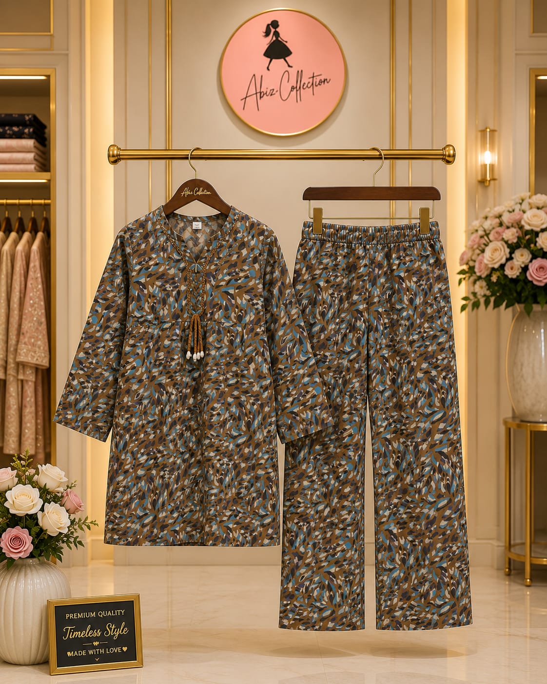 Brown Abstract Printed Girls 2 Piece Suit | Kids Casual Kurti & Trouser Set | Abiz Collection