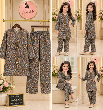 Brown Abstract Printed Girls 2 Piece Suit | Kids Casual Kurti & Trouser Set | Abiz Collection