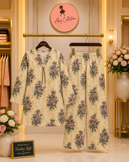 Cream Floral Printed Girls 2 Piece Suit | Kids Casual Kurti & Trouser Set | Abiz Collection