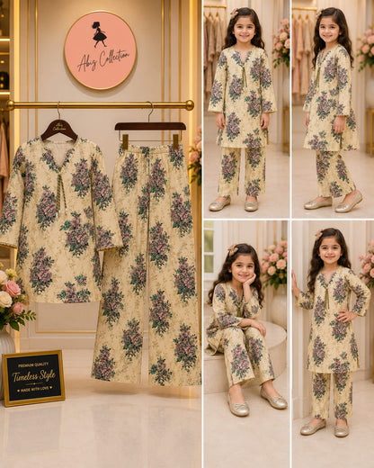 Cream Floral Printed Girls 2 Piece Suit | Kids Casual Kurti & Trouser Set | Abiz Collection