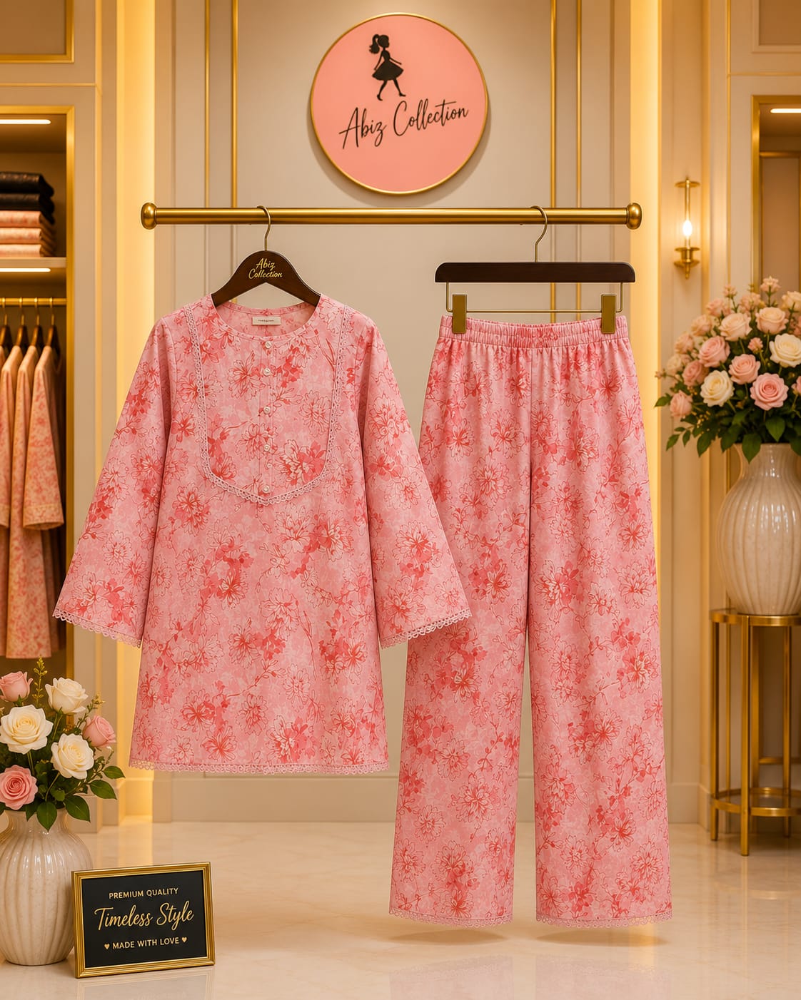 Pink Floral Printed Girls 2 Piece Suit | Kids Casual Kurti & Trouser Set | Abiz Collection