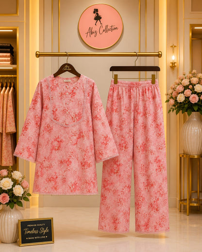 Pink Floral Printed Girls 2 Piece Suit | Kids Casual Kurti & Trouser Set | Abiz Collection