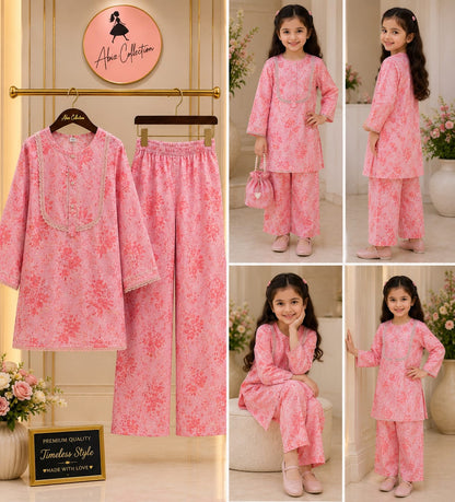 Pink Floral Printed Girls 2 Piece Suit | Kids Casual Kurti & Trouser Set | Abiz Collection
