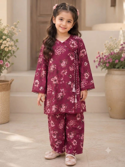 Maroon Floral Printed Girls 2 Piece Suit | Kids Casual Kurti & Trouser Set  | Abiz Collection
