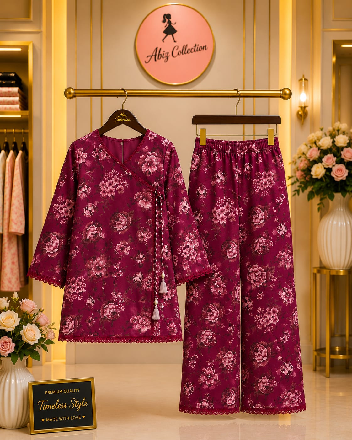 Maroon Floral Printed Girls 2 Piece Suit | Kids Casual Kurti & Trouser Set  | Abiz Collection