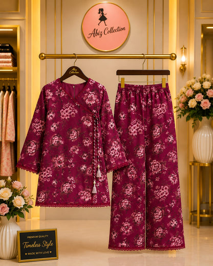 Maroon Floral Printed Girls 2 Piece Suit | Kids Casual Kurti & Trouser Set  | Abiz Collection