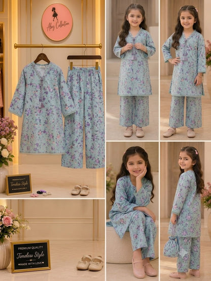 Sky Blue Floral Printed Girls 2 Piece Suit | Kids Casual Kurti &amp; Trouser Set | Abiz Collection
