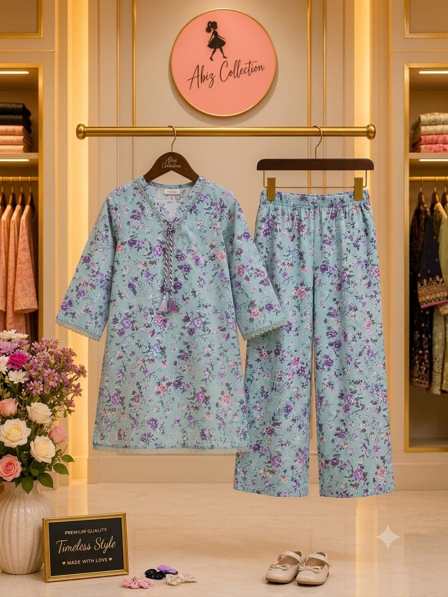 Sky Blue Floral Printed Girls 2 Piece Suit | Kids Casual Kurti &amp; Trouser Set | Abiz Collection
