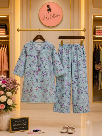 Sky Blue Floral Printed Girls 2 Piece Suit | Kids Casual Kurti &amp; Trouser Set | Abiz Collection